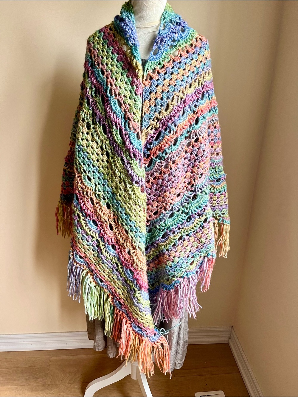 Handmade Multicolor Crochet Shawl with Fringe